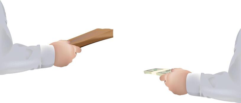 Hands exchanging money and a document envelope vector