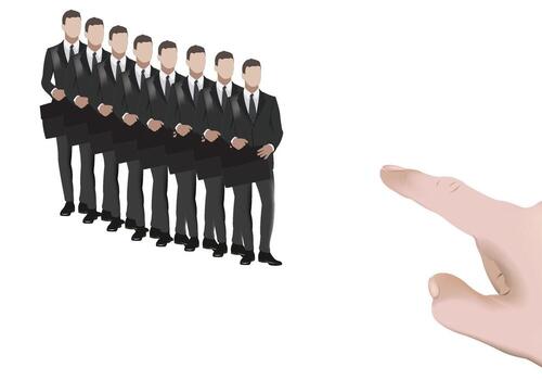 Hand pointing selecting candidate from business people queue vector