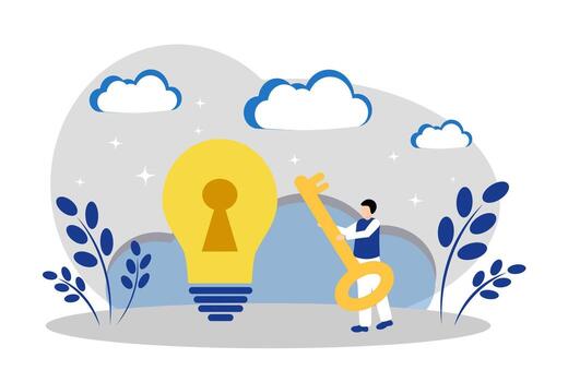 A light bulb, a keyhole and a key. The concept of a new idea, the key to success, creative thoughts and scientific discoveries vector