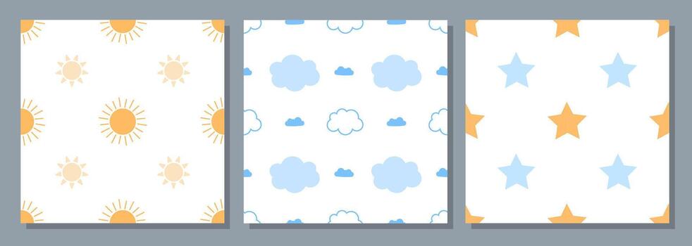 Set of seamless baby patterns with stars, clouds and sun on a white background vector