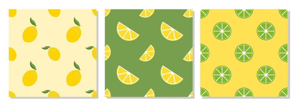 A set of seamless patterns with lemons and limes on a yellow background. Cytrus pattern vector
