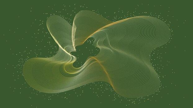 resumen ola líneas antecedentes dorado y blanco partículas formando un dinámica, arremolinándose ola modelo en un verde antecedentes vector
