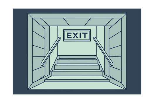 Exit sign above a staircase with handrails in a geometric design stairs steps Liminal vector