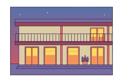 Modern Two Story Building Facade With Balcony Lit Windows At Dusk architecture house Liminal vector