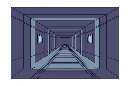 Perspective view a dark train tunnel with railway tracks windows Liminal vector