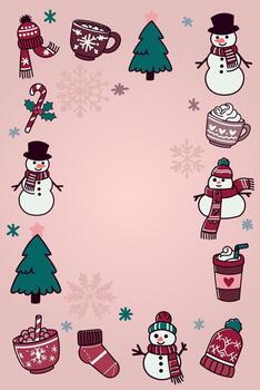 A vibrant illustration featuring a collection of colorful winter and Christmas elements arranged around the perimeter on a light pink background, creating a decorative frame. Includes snowmen. vector