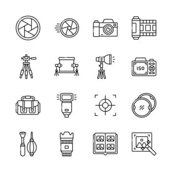 Photography and camera gear icons in outline style for photo editing content creation and studio setup uses vector