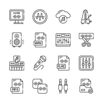 Audio production and music file icons in modern outline style for podcast apps sound editing tools and streaming services vector