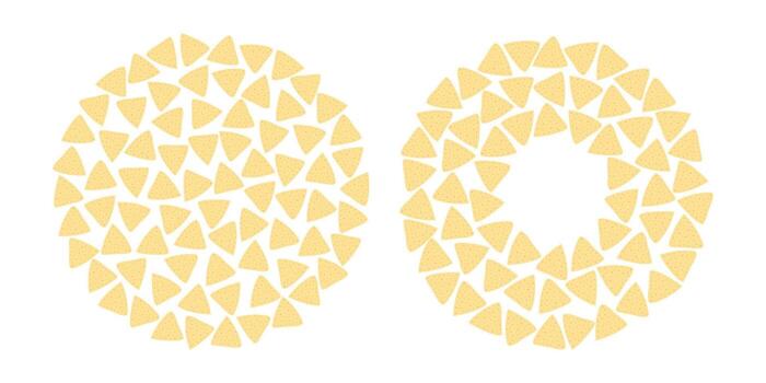 Triangular Nachos Circular Frame and Round Backdrop Copy space Template Minimalistic Flat Design Set. Isolated illustration Mexican Food Related or Promo Content or Menu cards, price, leaflets vector