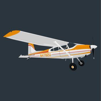 A realistic illustration of a single-engine propeller airplane in orange and white livery, seen from a side view vector