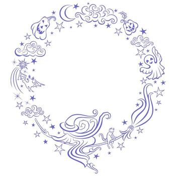 A round autumn pattern for Halloween. A witch and a cat are flying on a broomstick. A bat, a ghost, and pumpkins are in the starry night sky with clouds. vector