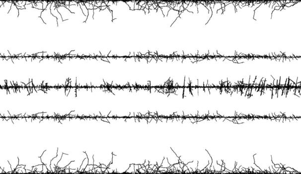 barbed wire background with black and white lines, a black and white image of a tree with branches, barbed wire background with black and white lines, a set of four different sound waves, vector