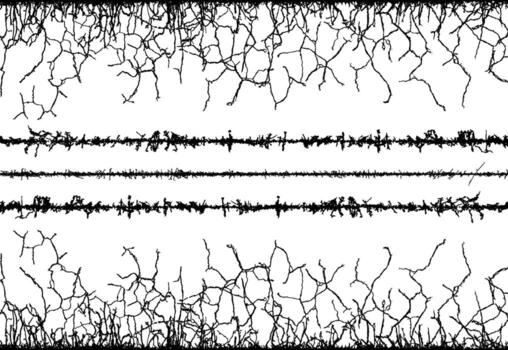 set of barbed wire frame, a black and white image of a tree with branches, barbed wire background with black and white lines, a set of four different sound waves, vector