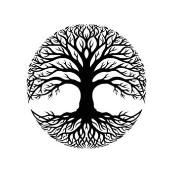 Black silhouette of a tree of life symbol within a circle vector