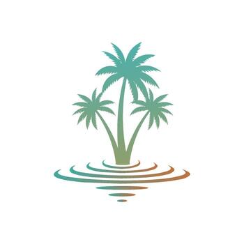 Three stylized palm trees reflected in rippling water, gradient colors vector
