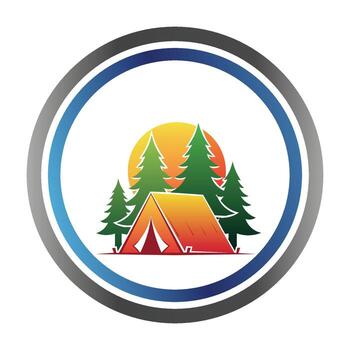 Camping scene with tent, pine trees, and sun inside a circular frame vector