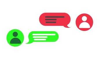 animatie van rood en groen gebruiker pictogrammen met toespraak bubbels verschijnen Aan een wit achtergrond. minimaal, vlak grafisch beeltenis een chatten. video