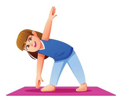 Happy girl practicing Extended Triangle Pose Variation on a mat. Kid doing a standing side bend stretch. cartoon character illustration vector