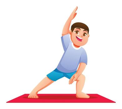Boy practicing Extended Side Angle Pose on a mat. Kid doing a standing stretch for flexibility. cartoon character illustration vector