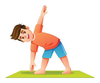 Smiling boy practicing the Triangle Pose or Trikonasana on a mat, standing with a wide stance and stretching to the side. cartoon character illustration vector