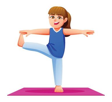 Smiling girl practicing Extended Hand to Big Toe Pose on a mat. Kid doing a standing balancing exercise. cartoon character illustration vector