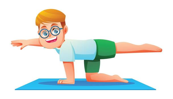 Smiling kid practicing Bird Dog Pose or Balancing Table Pose on a mat. Boy doing a core-strengthening workout. cartoon character illustration vector