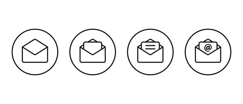 Email envelope line icon collection in circular outline. Open mail with letter and mention symbol for message vector