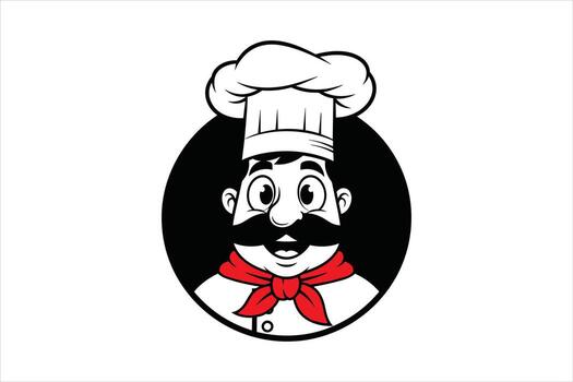 Smiling Chef Character with Mustache in Toque Hat and Red Scarf vector