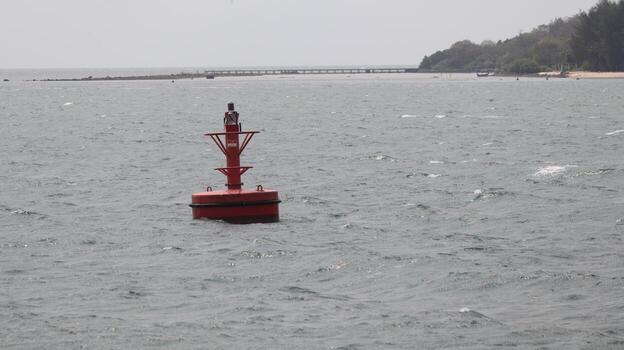 Red buoy floats in the ocean near a distant pier and coastline on a cloudy day, creating a sense of maritime navigation and safety. photo