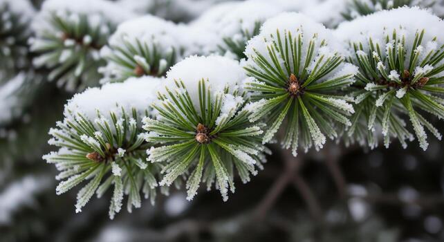 Close-up of glacial pine tree branches dusted with fresh winter snow and frost photo