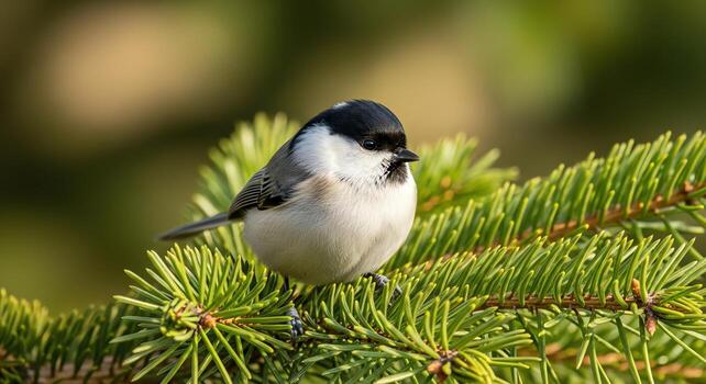Small Willow Tit Perched on a Pine Tree Branch in the Sunlight photo