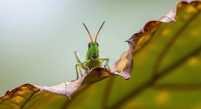 Macro Close-up of a Green Grasshopper Perched on a Dry Autumn Leaf with Soft Bokeh Background photo