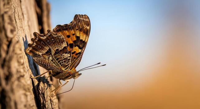 A close-up, detailed view of a butterfly with intricate wing patterns perched on a tree branch in soft, natural light photo
