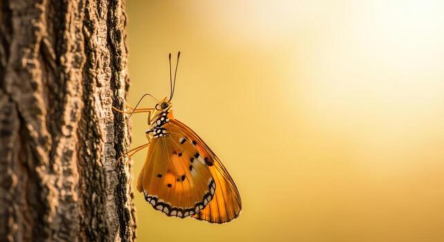Beautiful orange butterfly clinging to a textured tree trunk with a soft, golden bokeh background photo