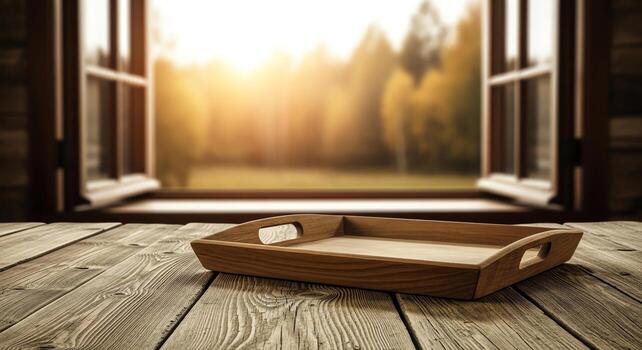 Cozy Wooden Tray on a Rustic Table with a Soft Autumn Landscape View Through an Open Window photo