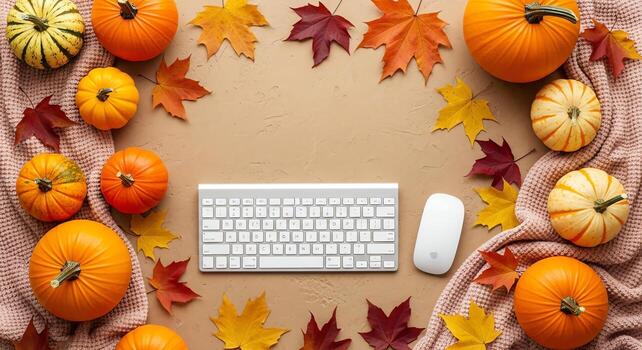Autumnal flat lay with pumpkins, colorful fall leaves, a cozy blanket, and a computer keyboard and mouse on a neutral background photo