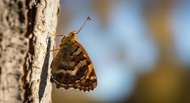 Close-up of a butterfly with intricate wing patterns perched on a textured tree trunk in soft sunlight photo