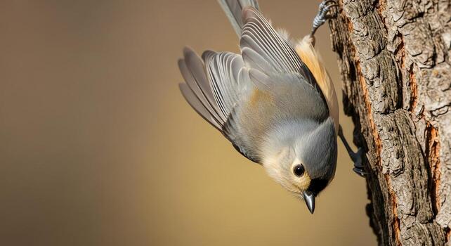un pequeño copetudo paro pájaro se aferra al revés abajo a un árbol maletero con un suavemente borroso antecedentes foto
