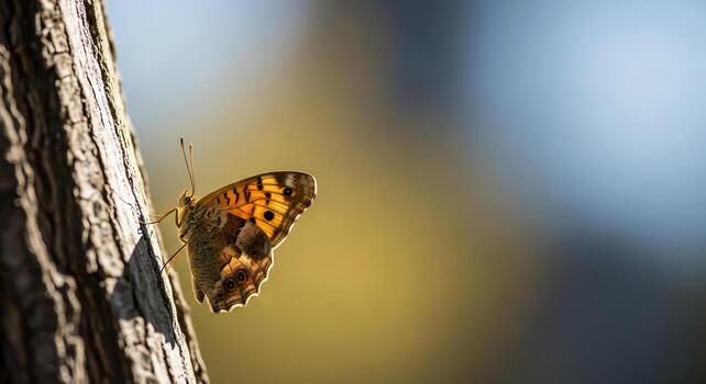 Beautiful butterfly perched on a tree trunk with a soft yellow and blue bokeh background photo