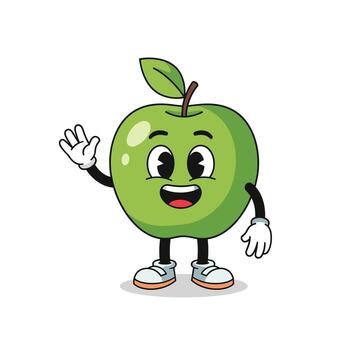 A friendly green apple cartoon character with a cheerful face and retro design happily waves its hand, standing against a white background. vector