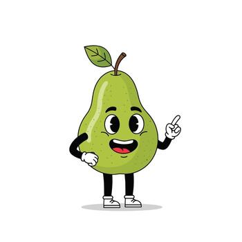A cheerful green pear cartoon character with a retro animation style points upwards, suggesting an idea or explanation. vector