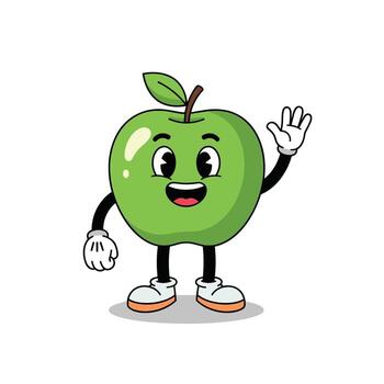 A cheerful green apple cartoon character with a happy face and retro animation style is waving a friendly greeting. vector