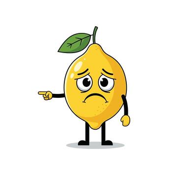 Sad cartoon lemon character with a green leaf pointing its finger to the left, conveying feelings of blame or accusation on a clean white background. vector