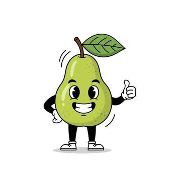 A cheerful cartoon pear character with a leaf and stem gives a thumbs up, smiling brightly and showing approval. vector