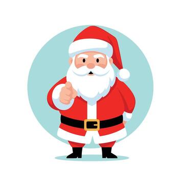 A friendly cartoon Santa Claus in a traditional red suit, standing and pointing directly at the viewer with a cheerful expression on a light blue background. vector
