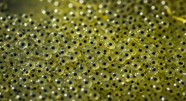 A close-up macro photograph revealing the intricate details of a cluster of frog eggs, showing tiny black pupils within transparent spheres, representing new life and the beginnings of nature's cycle photo