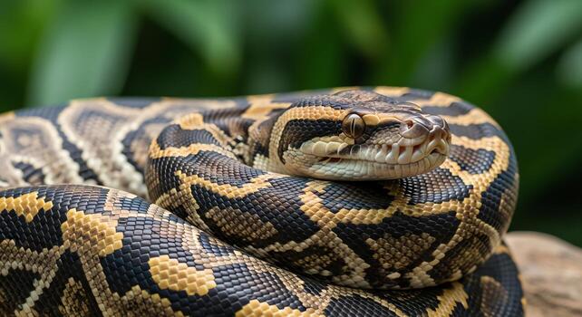 de cerca de un hermosa estampado pitón serpiente enroscado en un natural superficie, exhibiendo sus intrincado escamas y reptil caracteristicas foto