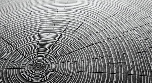 Close-up black and white abstract background of concentric tree rings, capturing the texture and patterns of wood grain photo