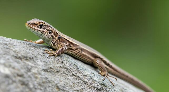 A Close-up Macro Photograph of a Small Brown Lizard Resting on a Textured Rock with a Blurred Green Background photo