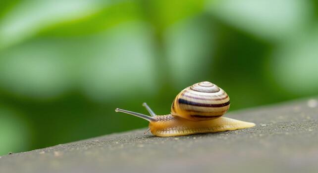 A close-up macro photograph of a garden snail slowly crawling on a textured surface with a blurred green background photo